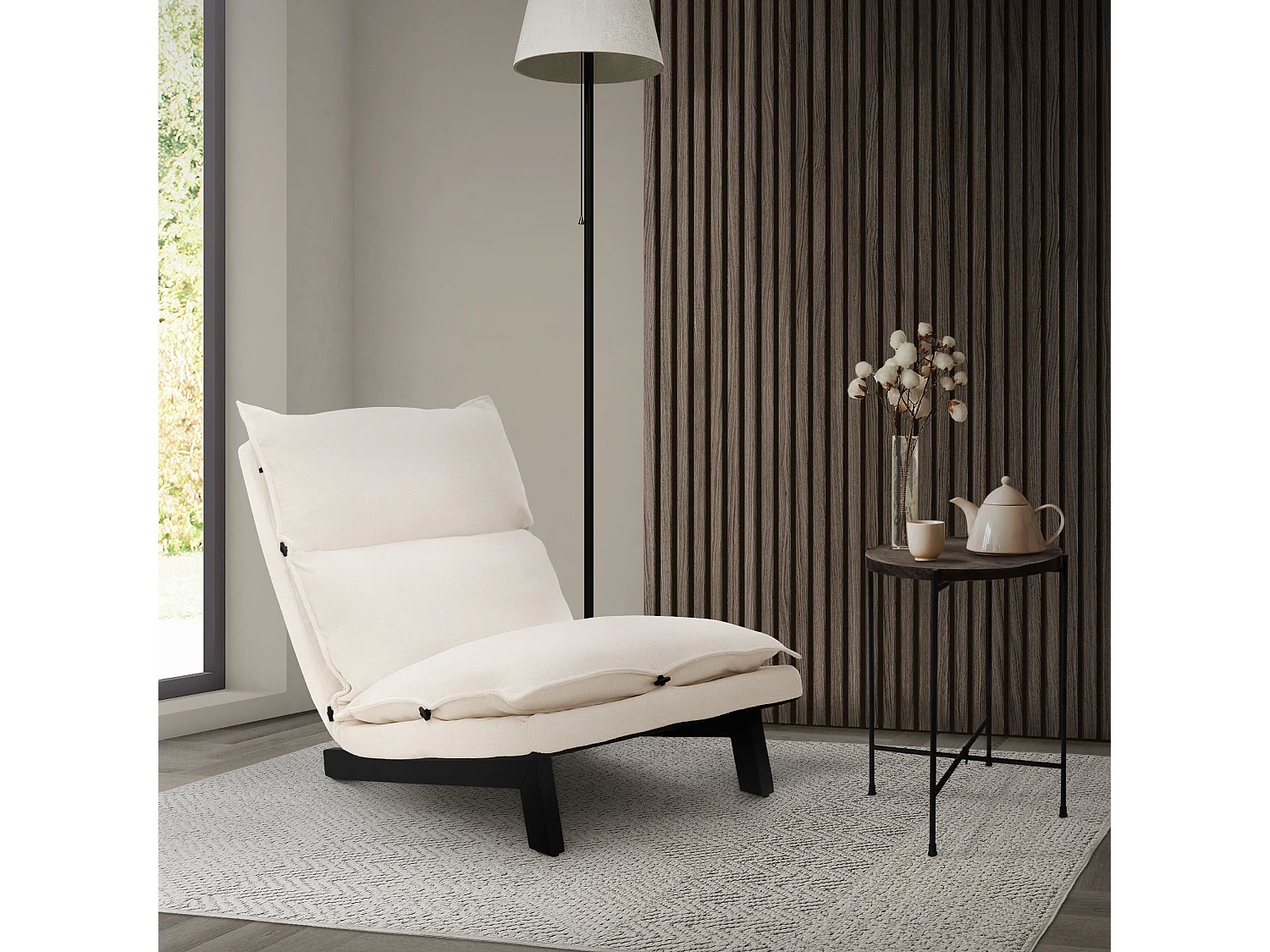 Fauteuil de relaxation de sol beige revêtement en lin rembourrage doux en polyester et structure robuste en acier dossier inclinable en 5 positions