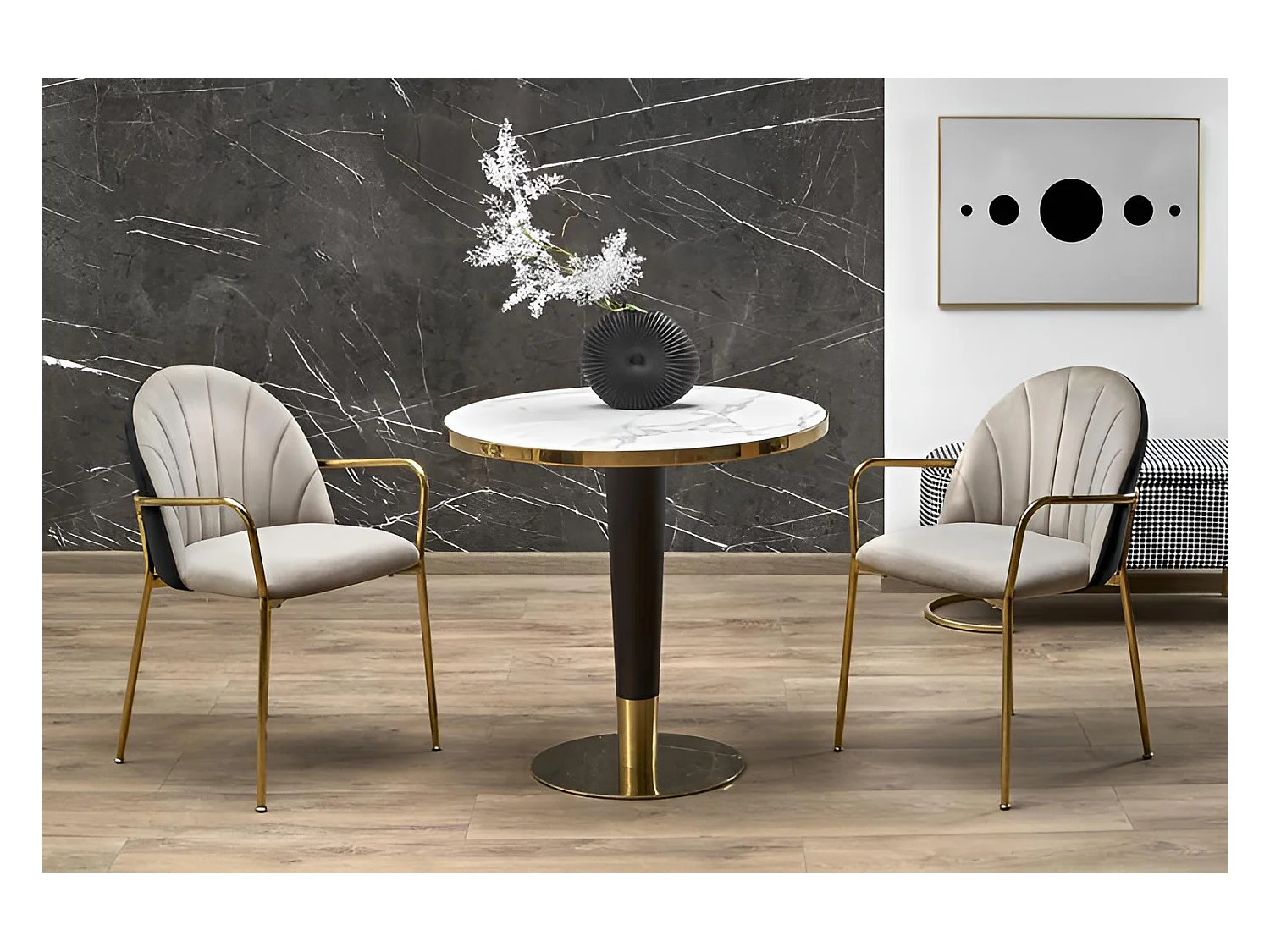 Tavolo da pranzo Morata (79x74)/Rotondo/MDF/Design in marmo/Bianco e oro