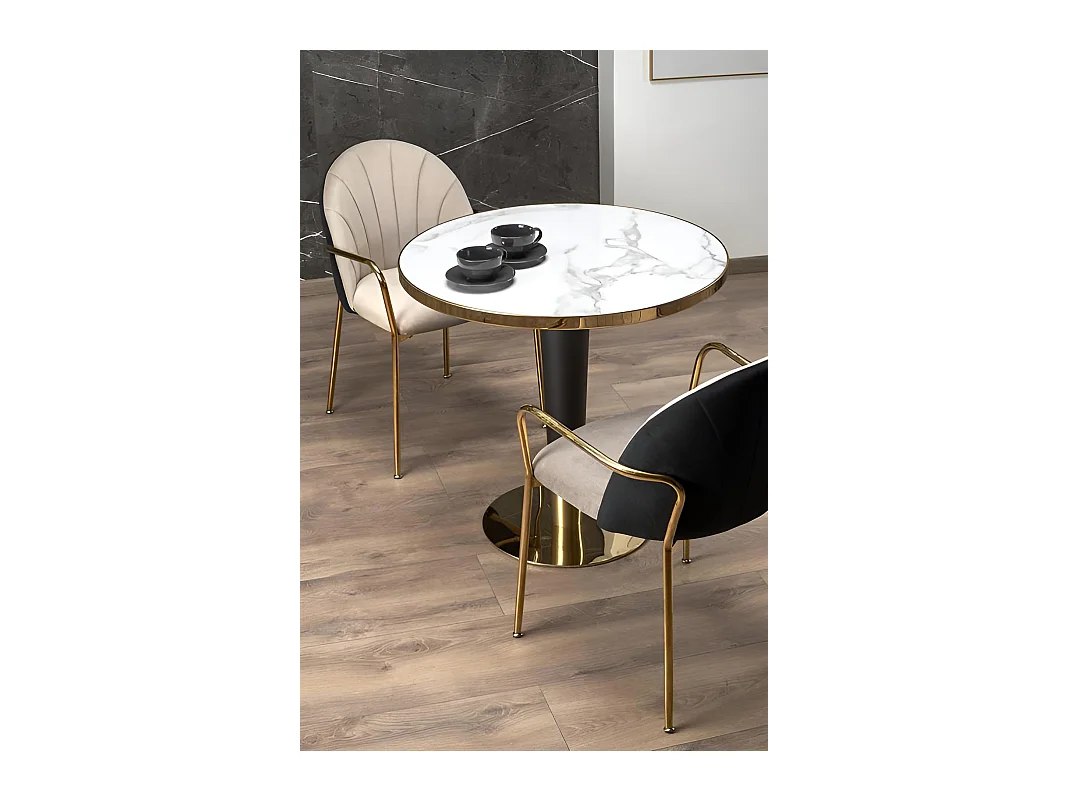 Tavolo da pranzo Morata (79x74)/Rotondo/MDF/Design in marmo/Bianco e oro