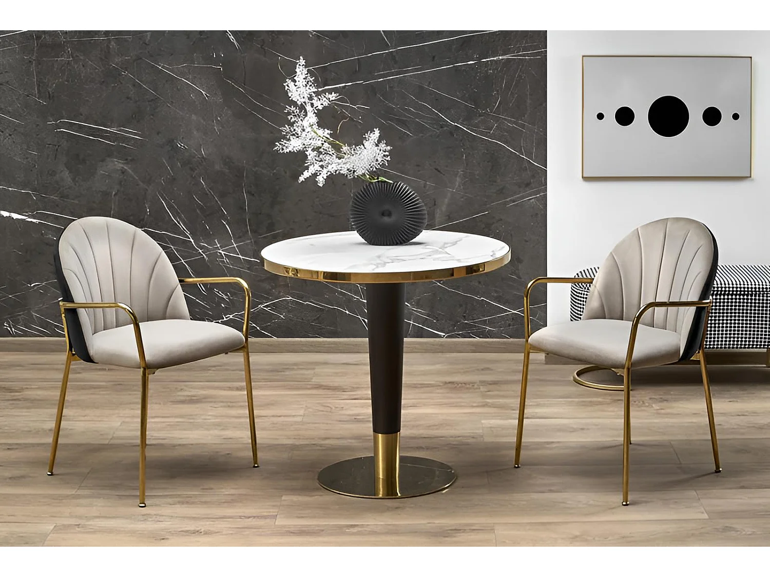 Esstisch Morata(79x74)/Rund/MDF/Marmor Design/Weiss&Gold