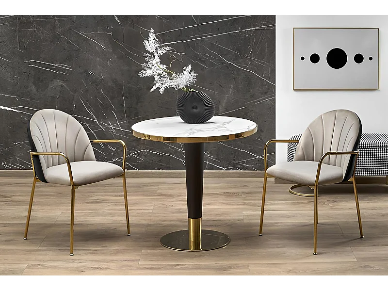 Tavolo da pranzo Morata (79x74)/Rotondo/MDF/Design in marmo/Bianco e oro