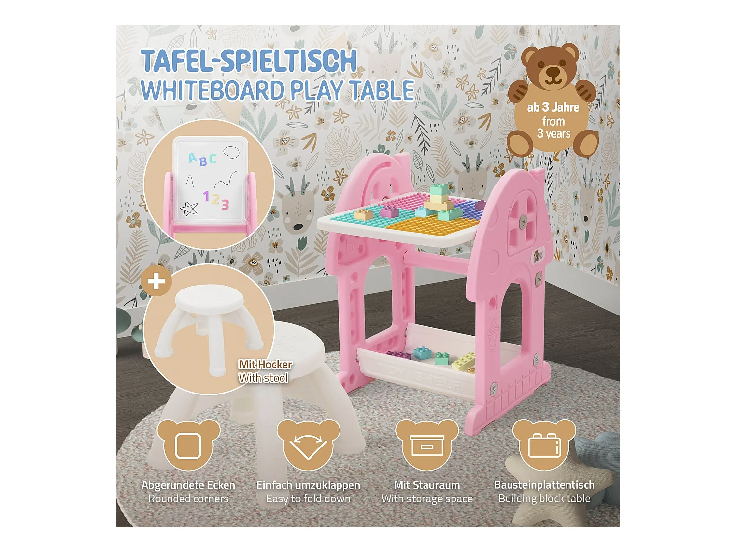Joyz Mesa con pizarra y silla rosa-blanco infantiles a partir de 3 años conjunto de muebles de 2 piezas HDPE para actividades recreativas