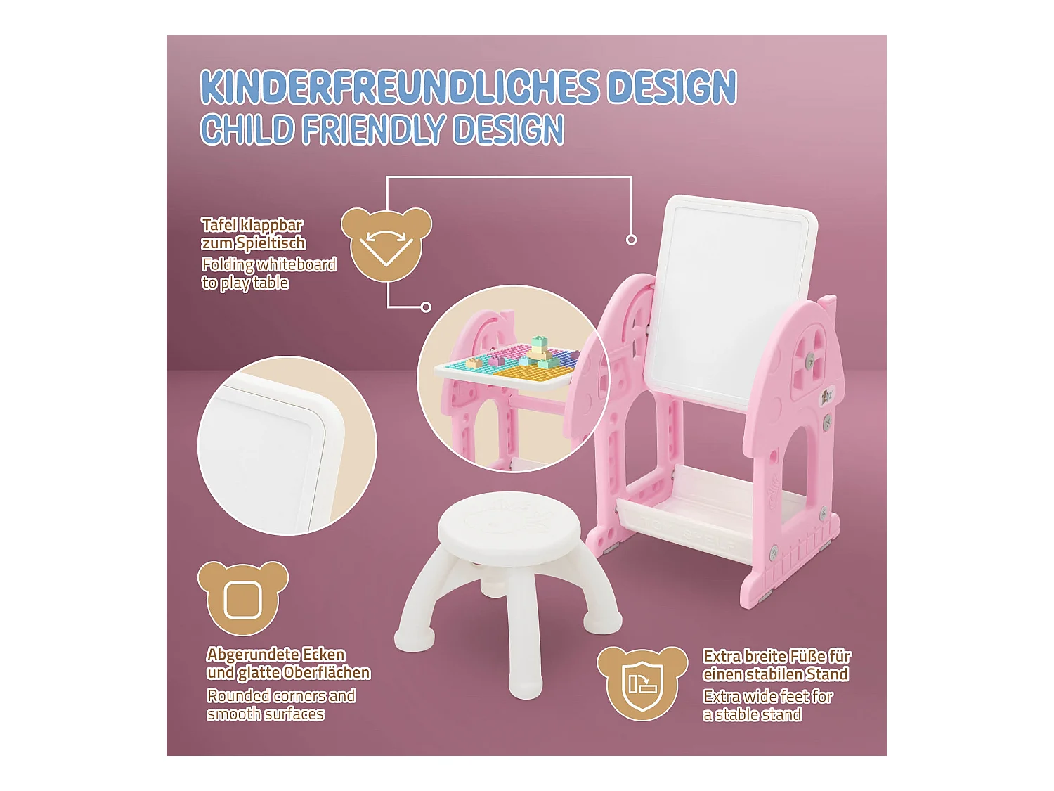 Joyz Mesa con pizarra y silla rosa-blanco infantiles a partir de 3 años conjunto de muebles de 2 piezas HDPE para actividades recreativas