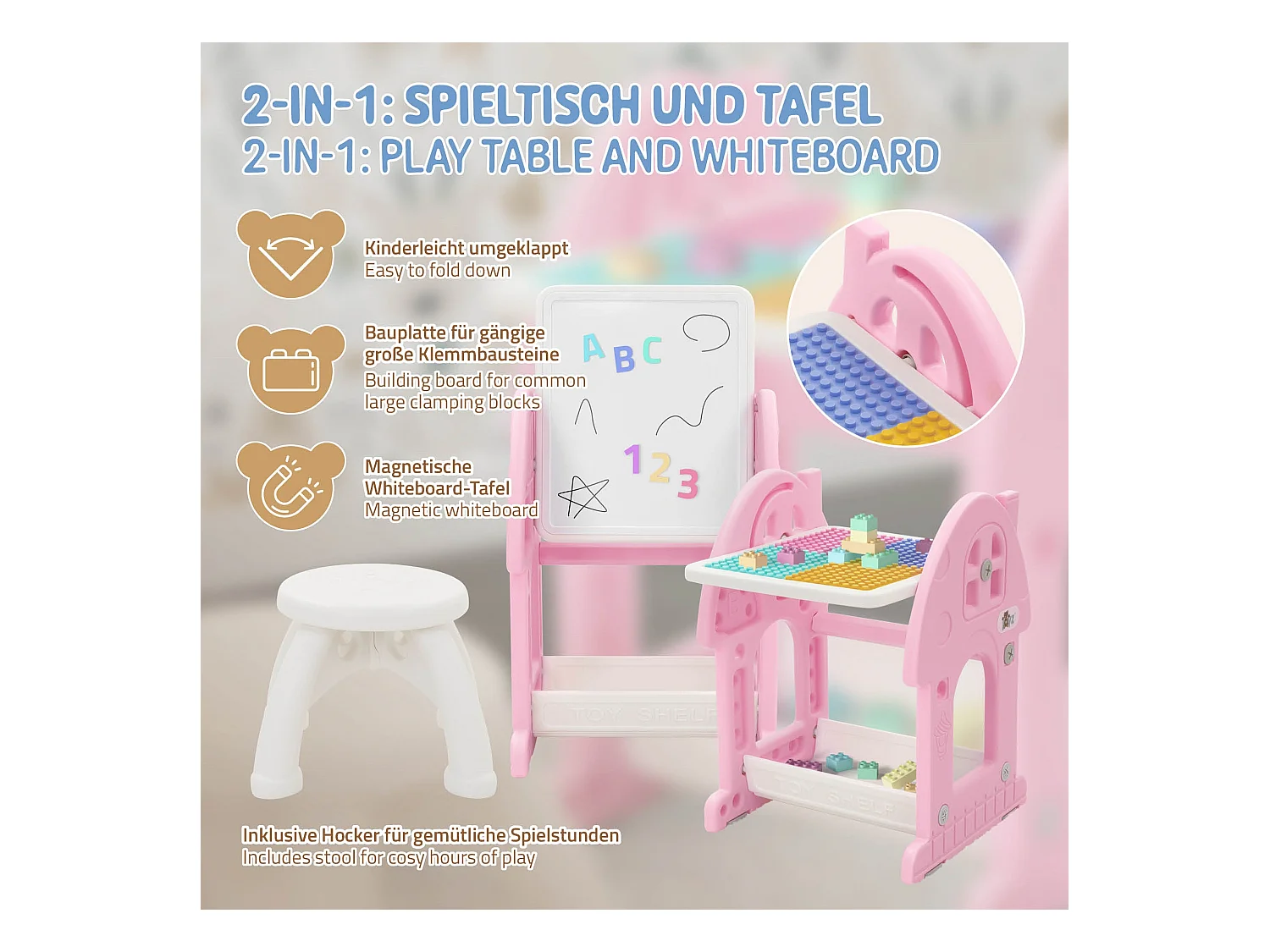 Joyz Mesa con pizarra y silla rosa-blanco infantiles a partir de 3 años conjunto de muebles de 2 piezas HDPE para actividades recreativas