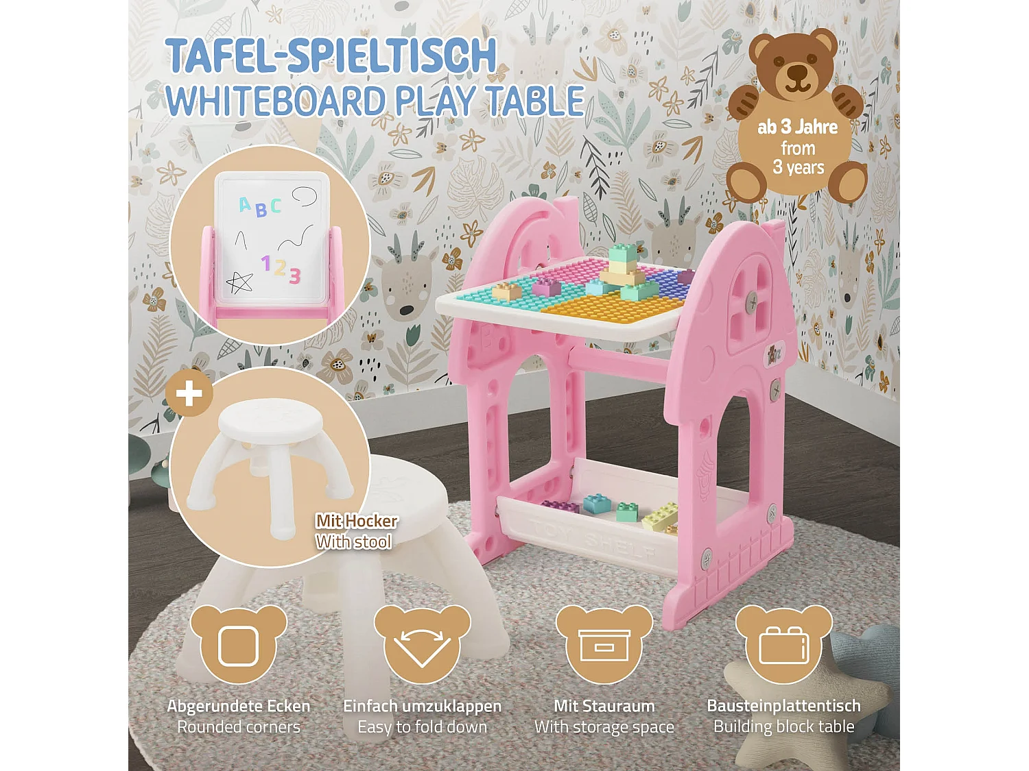Joyz Mesa con pizarra y silla rosa-blanco infantiles a partir de 3 años conjunto de muebles de 2 piezas HDPE para actividades recreativas