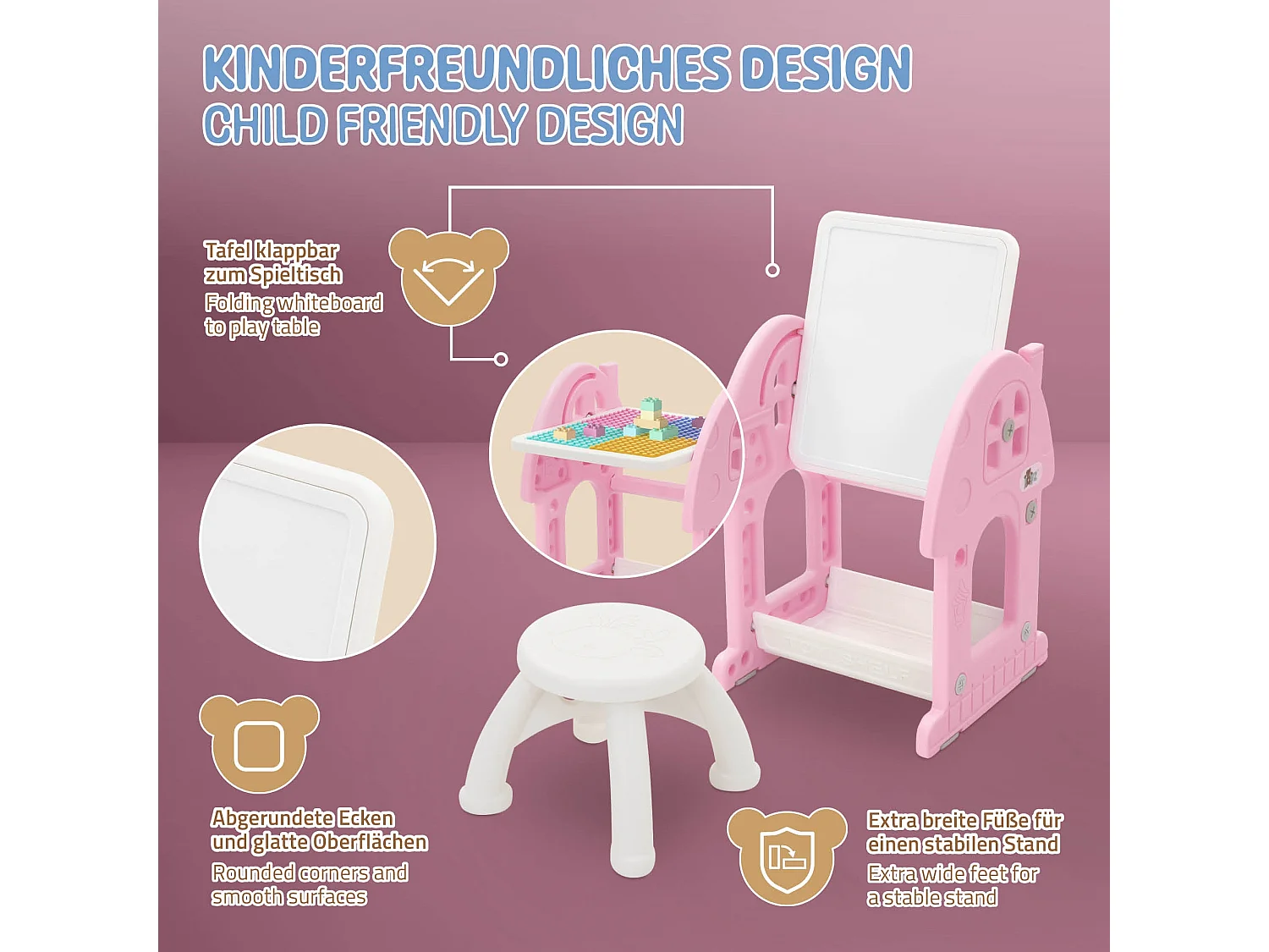 Joyz Mesa con pizarra y silla rosa-blanco infantiles a partir de 3 años conjunto de muebles de 2 piezas HDPE para actividades recreativas