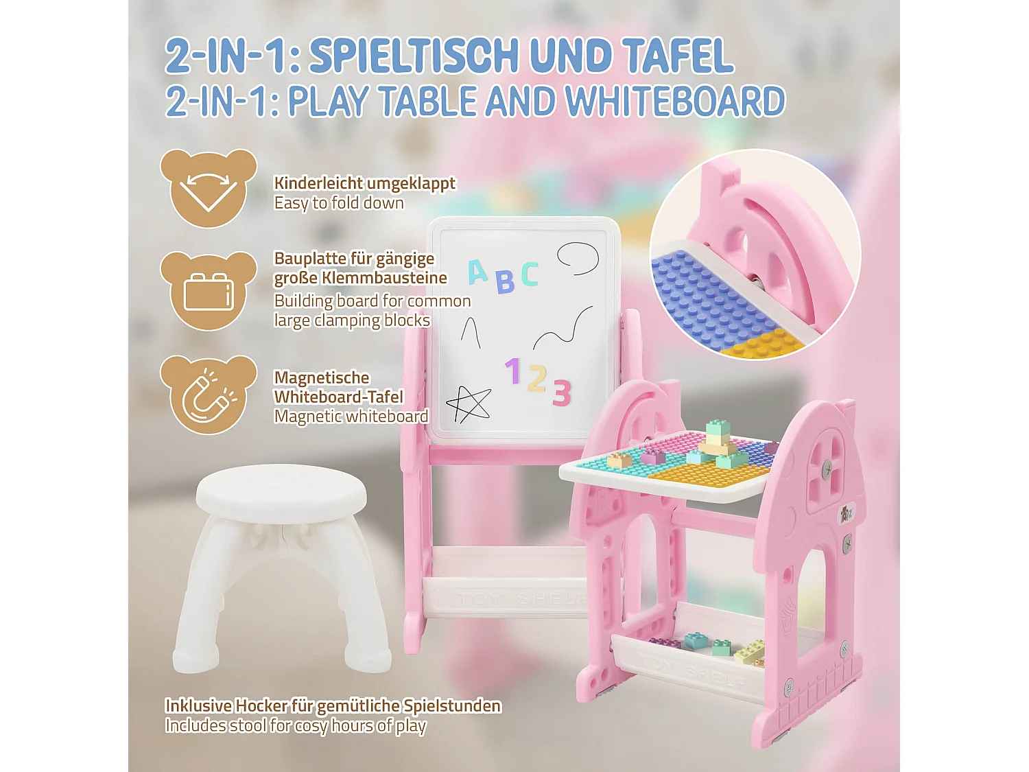 Joyz Mesa con pizarra y silla rosa-blanco infantiles a partir de 3 años conjunto de muebles de 2 piezas HDPE para actividades recreativas