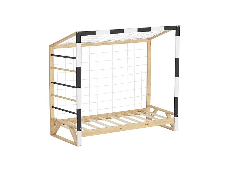 Lit d'enfant but de foot 80x160 cm naturel beige cadre en bois de pin avec sommier à lattes cage de football et matériel de montage pour adolescent
