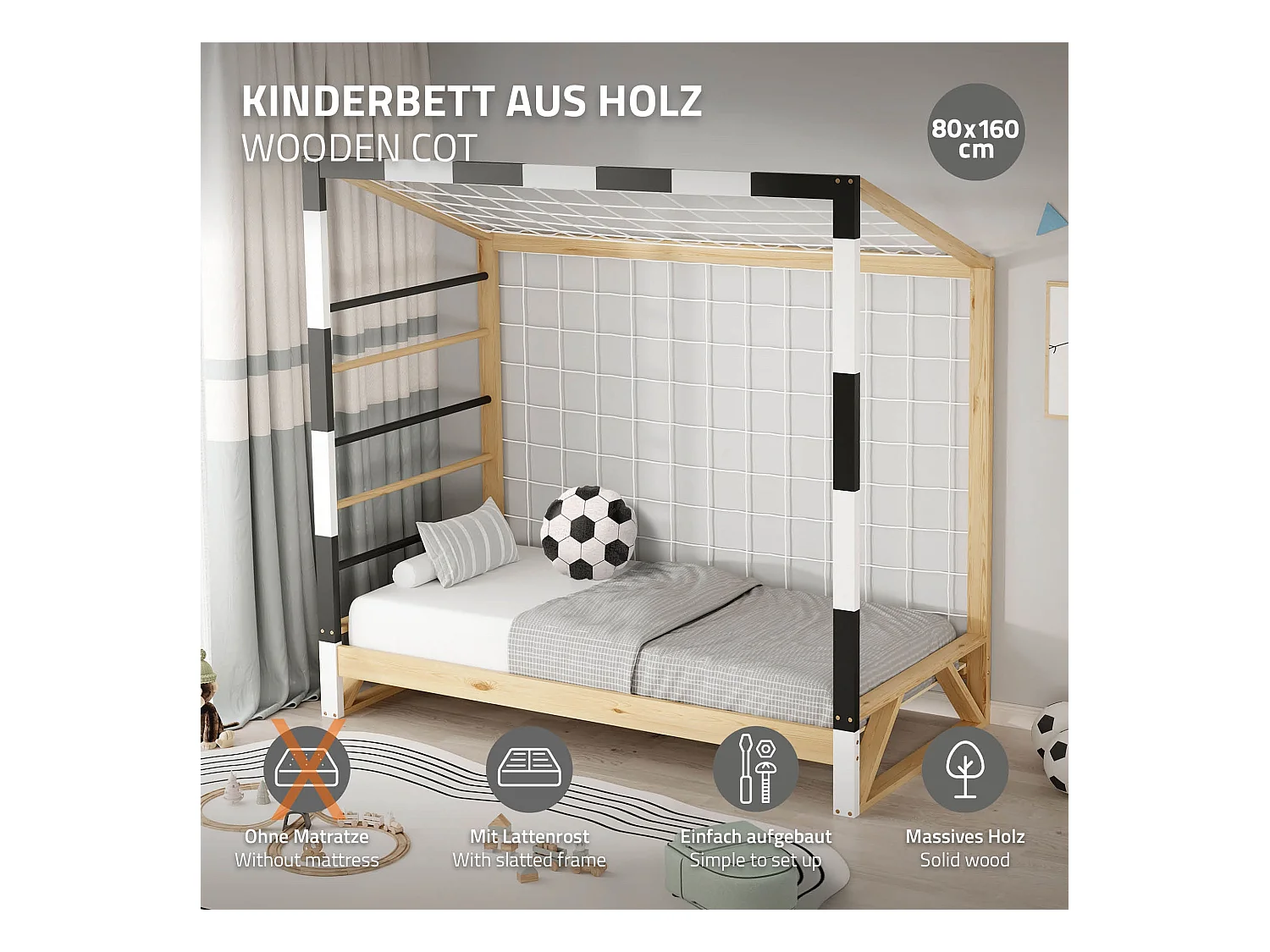 Lit d'enfant but de foot 80x160 cm naturel beige cadre en bois de pin avec sommier à lattes cage de football et matériel de montage pour adolescent