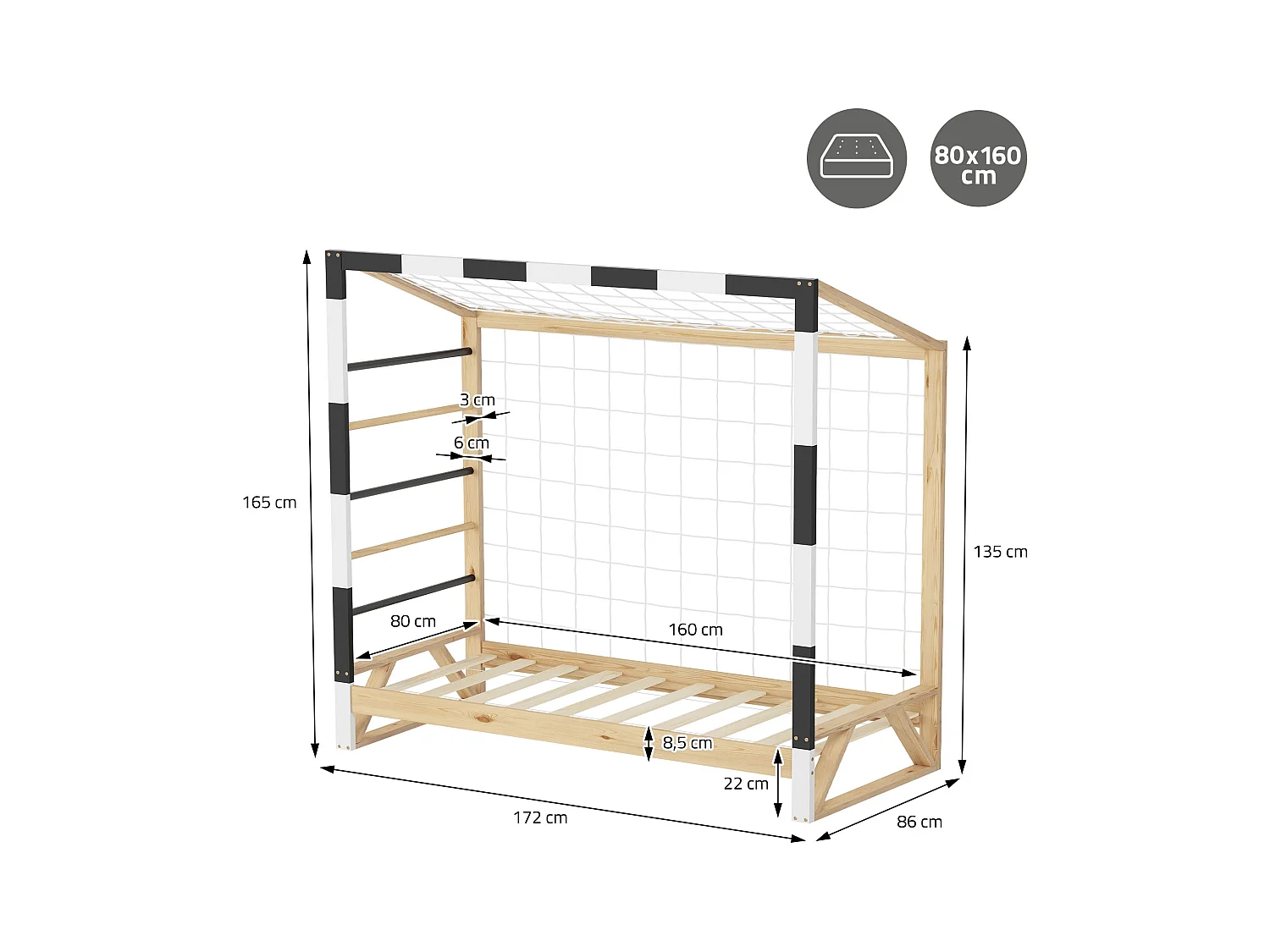 Lit d'enfant but de foot 80x160 cm naturel beige cadre en bois de pin avec sommier à lattes cage de football et matériel de montage pour adolescent
