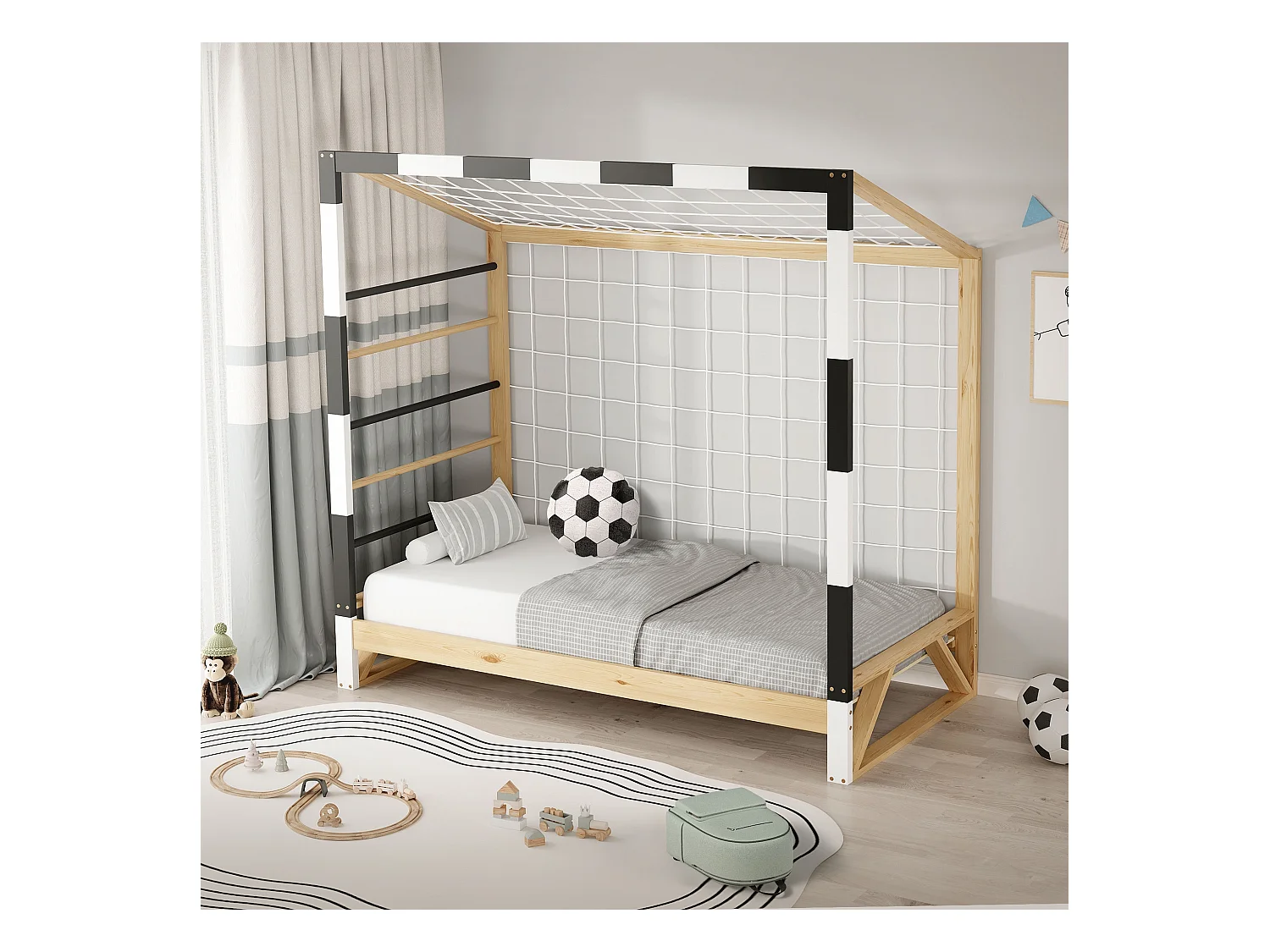 Lit d'enfant but de foot 80x160 cm naturel beige cadre en bois de pin avec sommier à lattes cage de football et matériel de montage pour adolescent