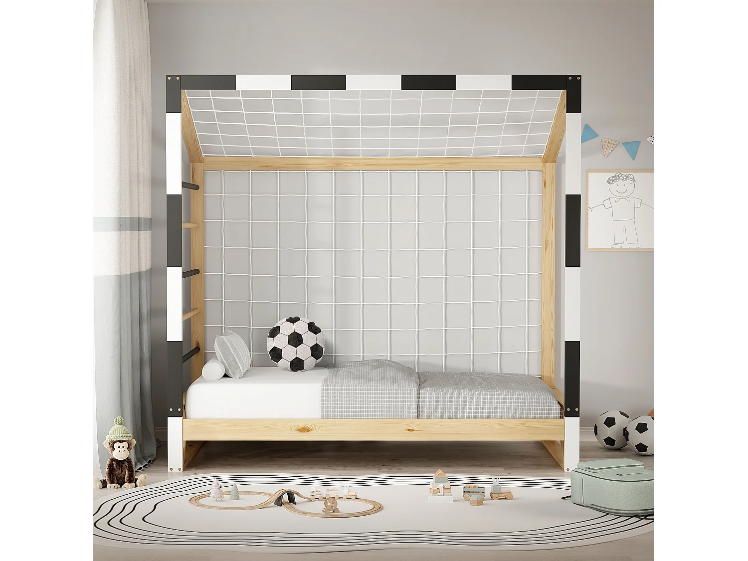 Lit d'enfant but de foot 80x160 cm naturel beige cadre en bois de pin avec sommier à lattes cage de football et matériel de montage pour adolescent