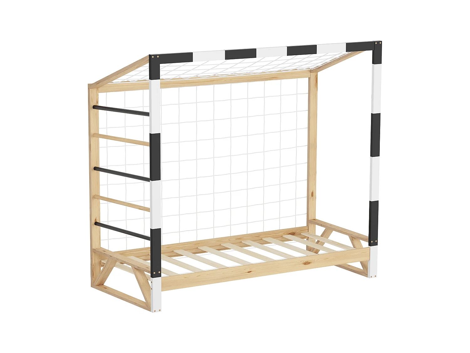 ML-Design Letto per bambini 80x160 cm naturale con porta da calcio bianco nero scala e rete laterale in legno di pino massiccio per cameretta sportiva