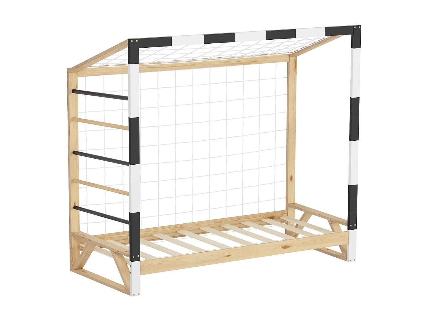 Lit d'enfant but de foot 80x160 cm naturel beige cadre en bois de pin avec sommier à lattes cage de football et matériel de montage pour adolescent