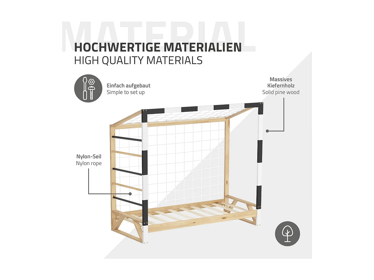 Lit d'enfant but de foot 80x160 cm naturel beige cadre en bois de pin avec sommier à lattes cage de football et matériel de montage pour adolescent