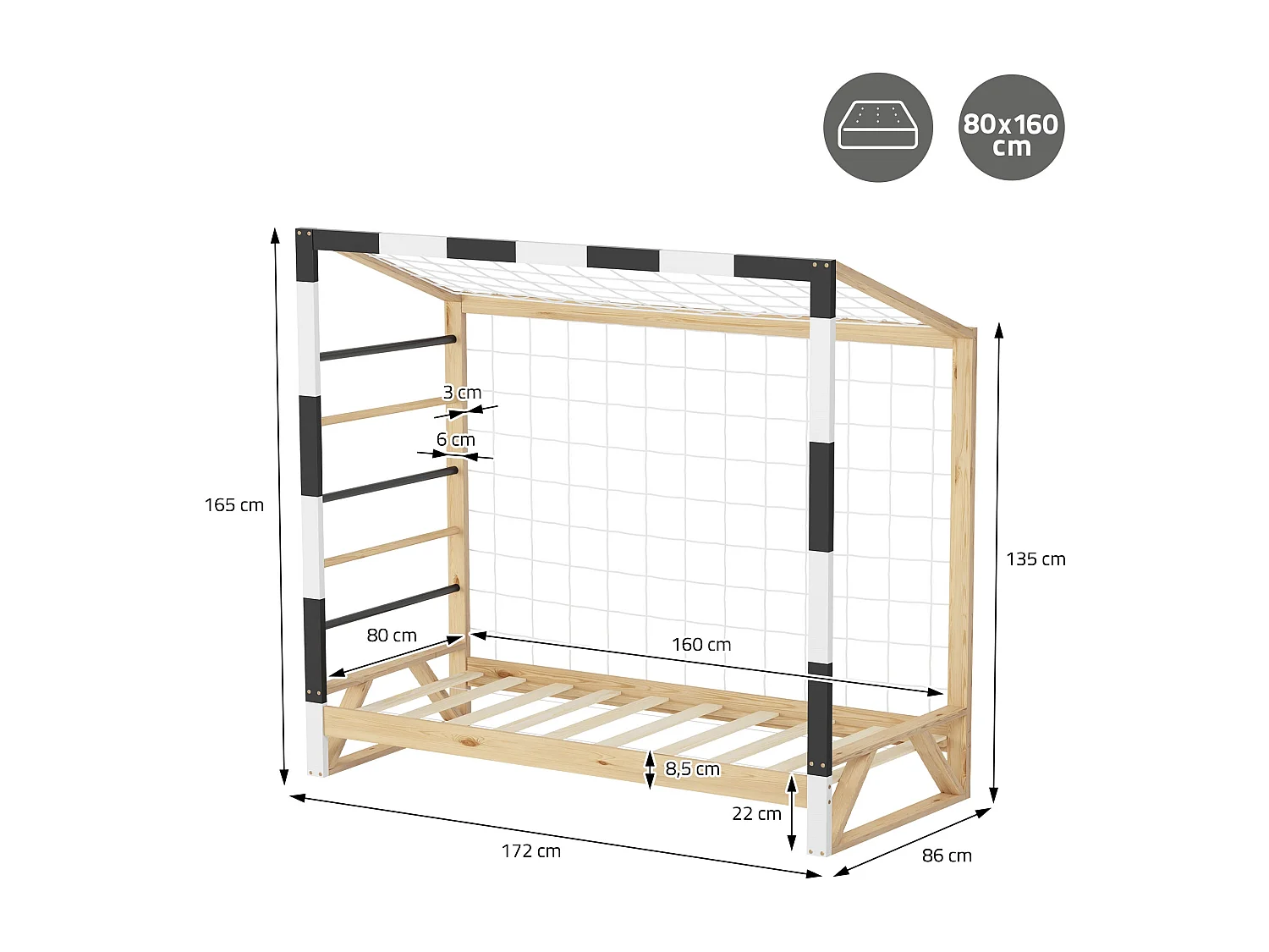 Lit d'enfant but de foot 80x160 cm naturel beige cadre en bois de pin avec sommier à lattes cage de football et matériel de montage pour adolescent