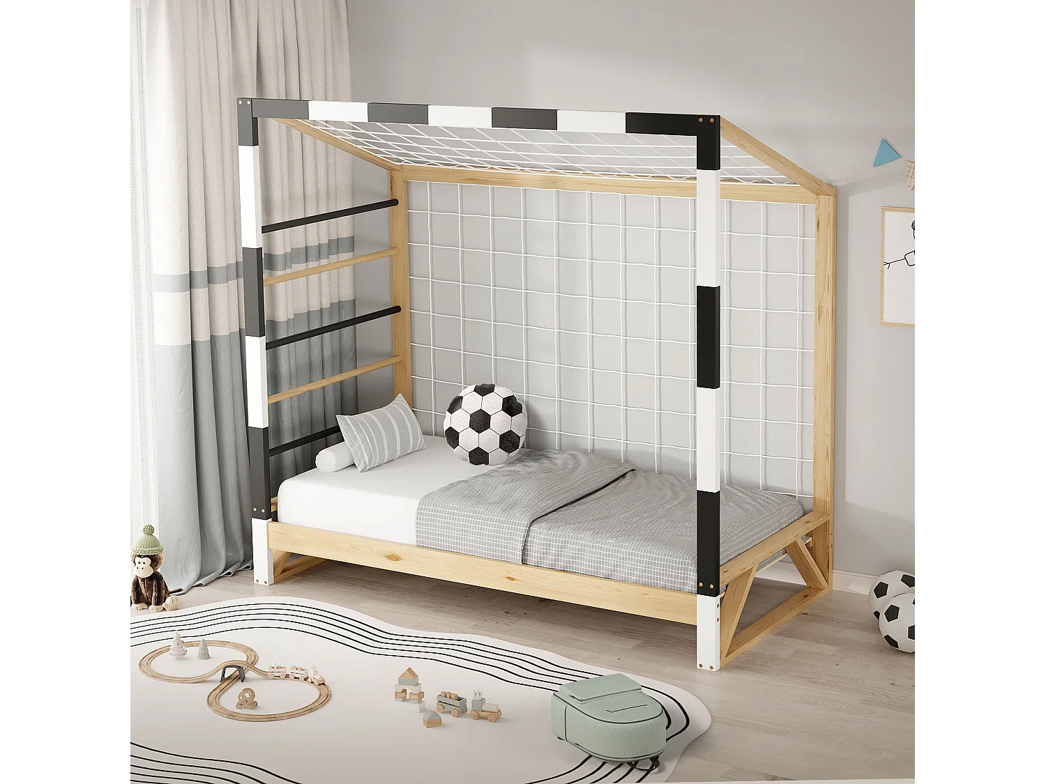 Lit d'enfant but de foot 80x160 cm naturel beige cadre en bois de pin avec sommier à lattes cage de football et matériel de montage pour adolescent