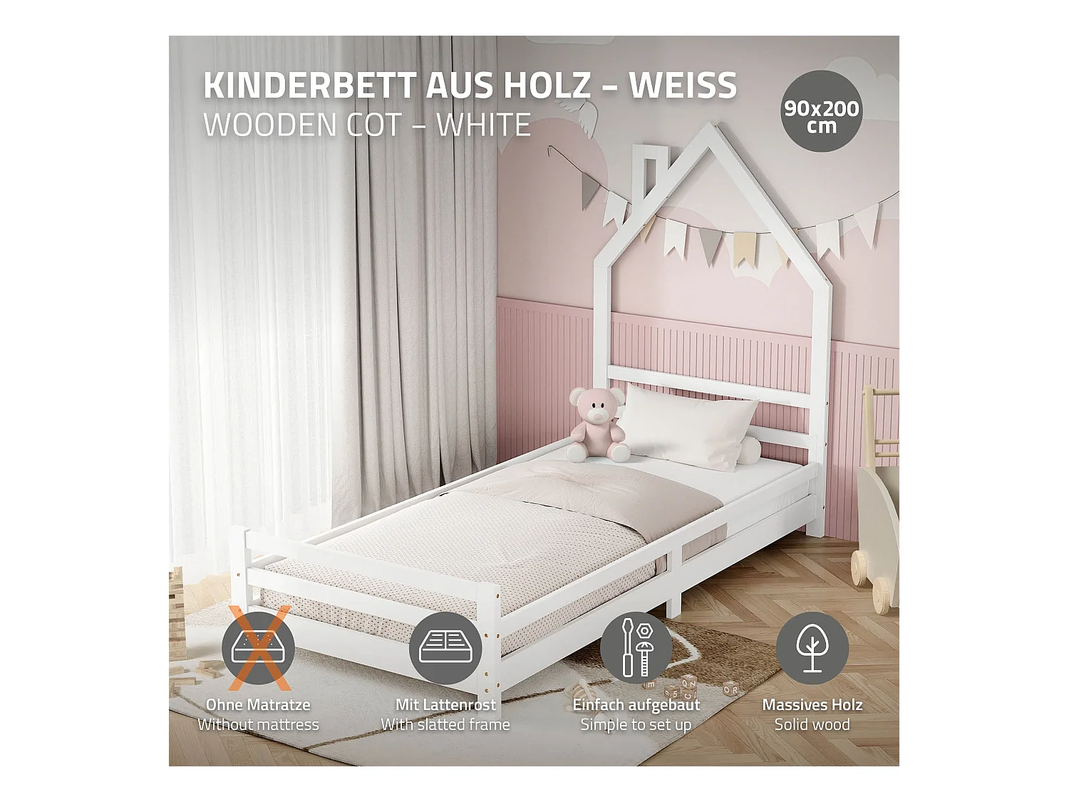 Lit d'enfant 90x200 cm blanc simple sans matelas tête cheminée en bois de pin massif avec sommier protection contre chutes matériel de montage