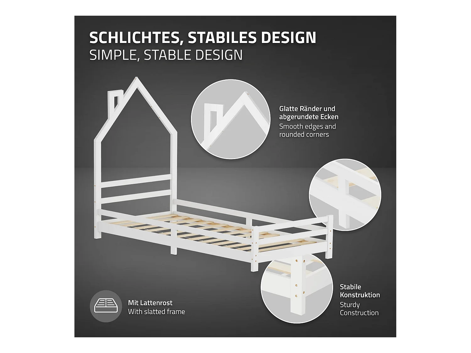 Lit d'enfant 90x200 cm blanc simple sans matelas tête cheminée en bois de pin massif avec sommier protection contre chutes matériel de montage