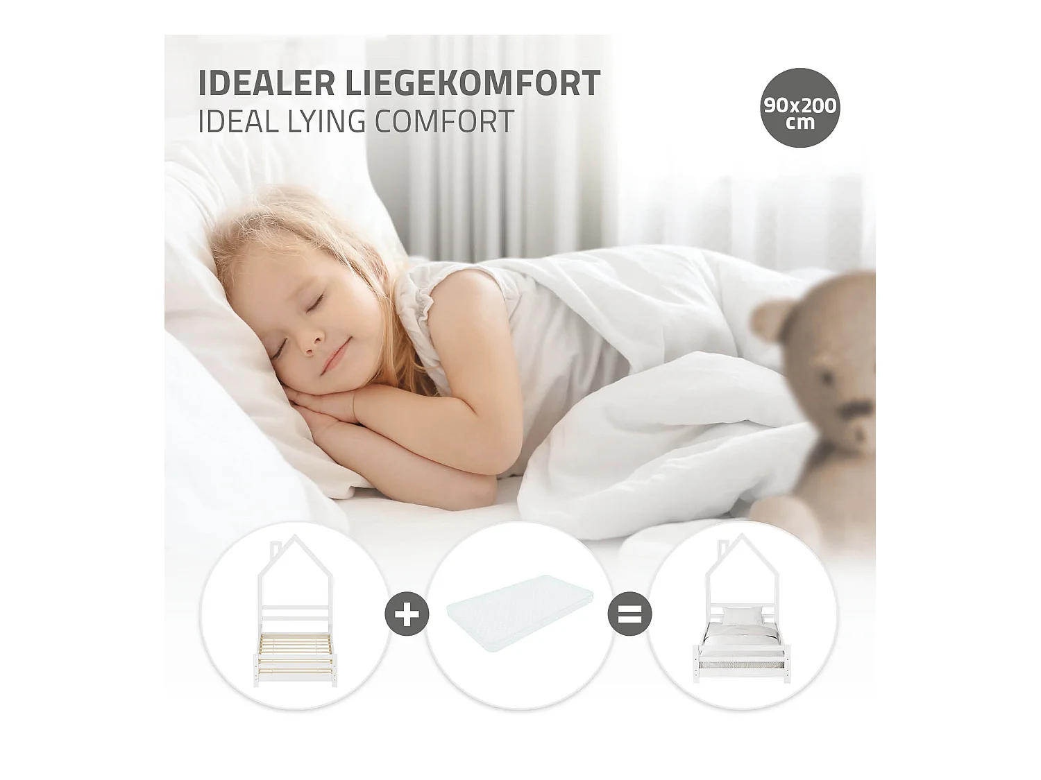 Lit d'enfant 90x200 cm blanc simple sans matelas tête cheminée en bois de pin massif avec sommier protection contre chutes matériel de montage