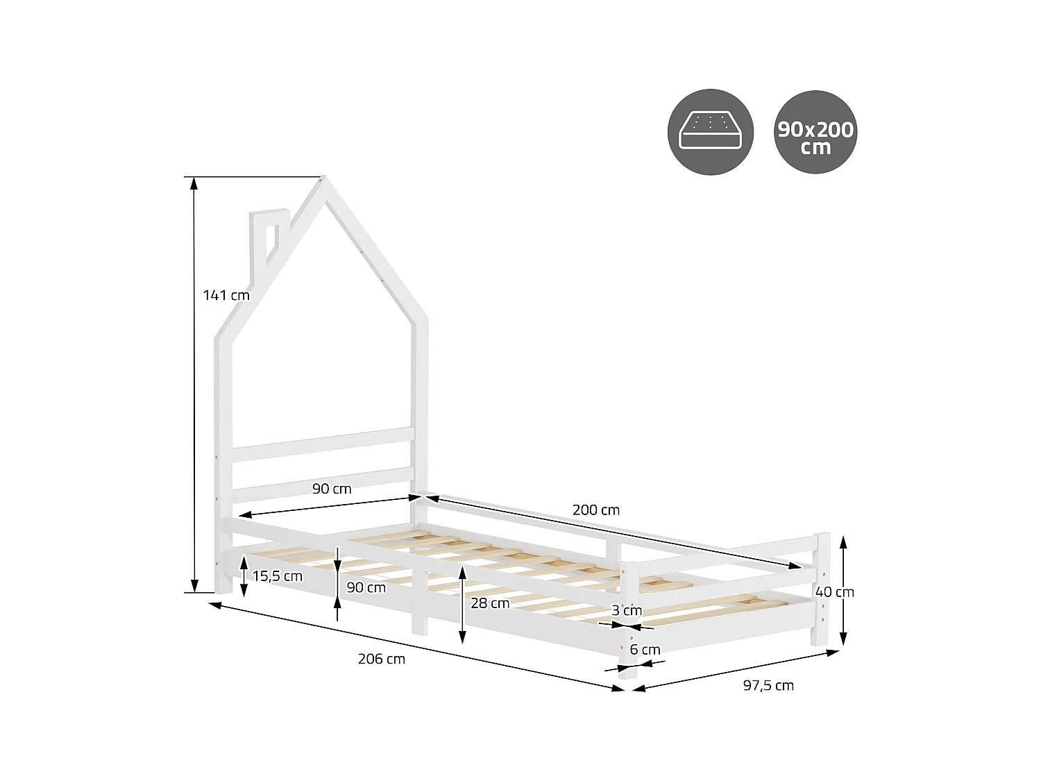 Lit d'enfant 90x200 cm blanc simple sans matelas tête cheminée en bois de pin massif avec sommier protection contre chutes matériel de montage