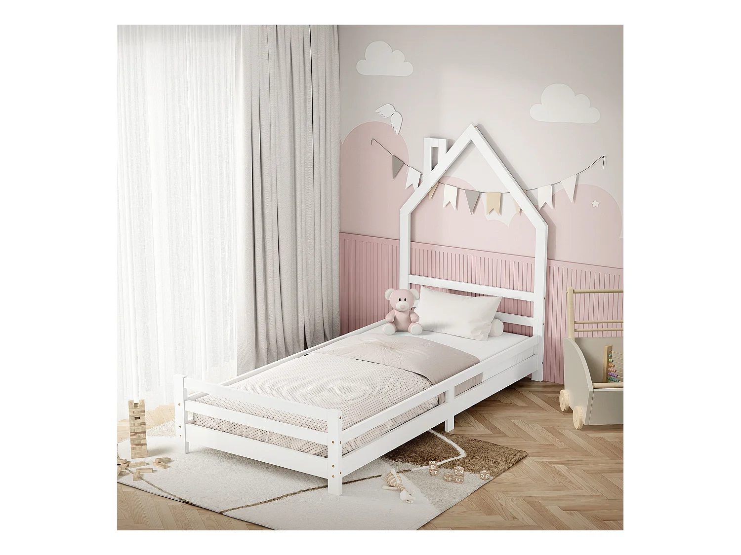 Lit d'enfant 90x200 cm blanc simple sans matelas tête cheminée en bois de pin massif avec sommier protection contre chutes matériel de montage