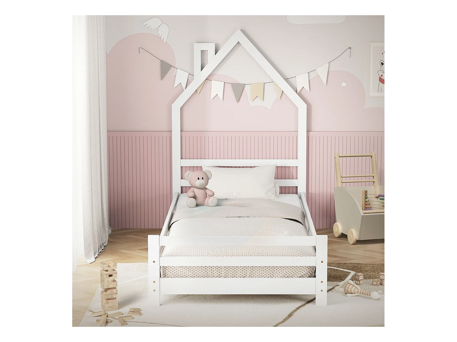 Lit d'enfant 90x200 cm blanc simple sans matelas tête cheminée en bois de pin massif avec sommier protection contre chutes matériel de montage