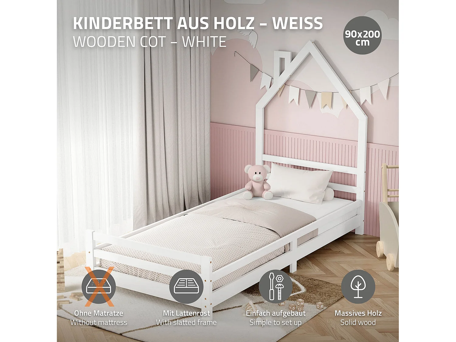 ML-Design Letto a casetta montessori 90x200 cm bianco in legno di pino con rete a doghe struttura gioco per cameretta bambini e bambine arredo ragazzi