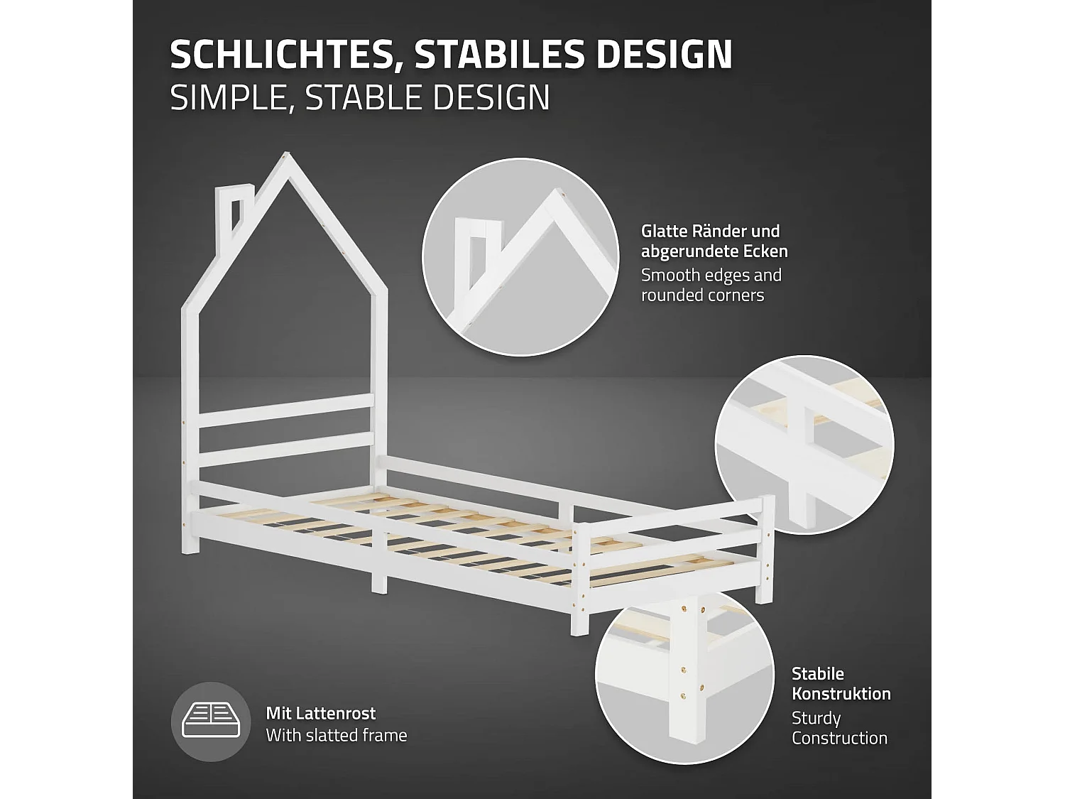 ML-Design Letto a casetta montessori 90x200 cm bianco in legno di pino con rete a doghe struttura gioco per cameretta bambini e bambine arredo ragazzi