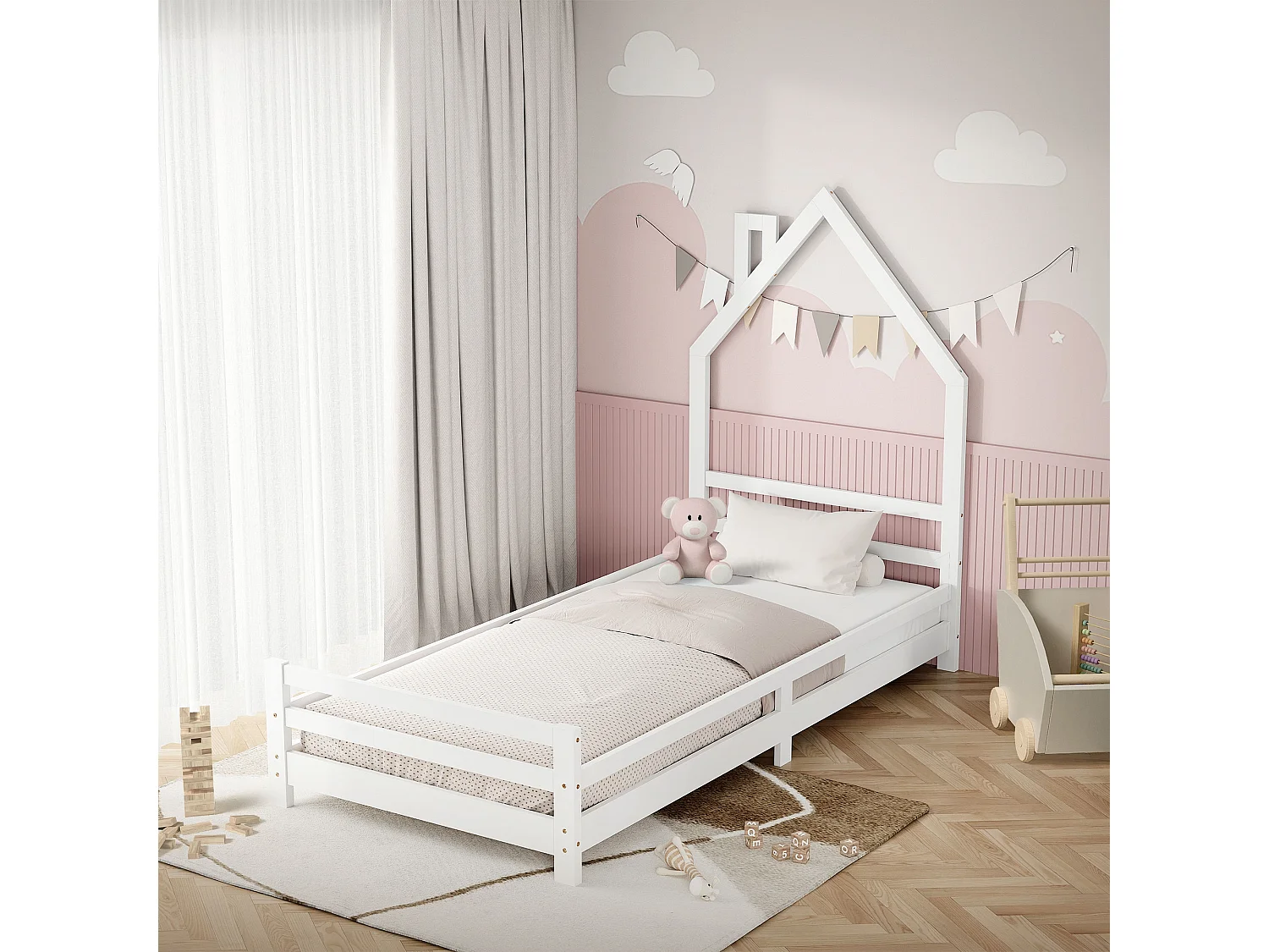 ML-Design Letto a casetta montessori 90x200 cm bianco in legno di pino con rete a doghe struttura gioco per cameretta bambini e bambine arredo ragazzi