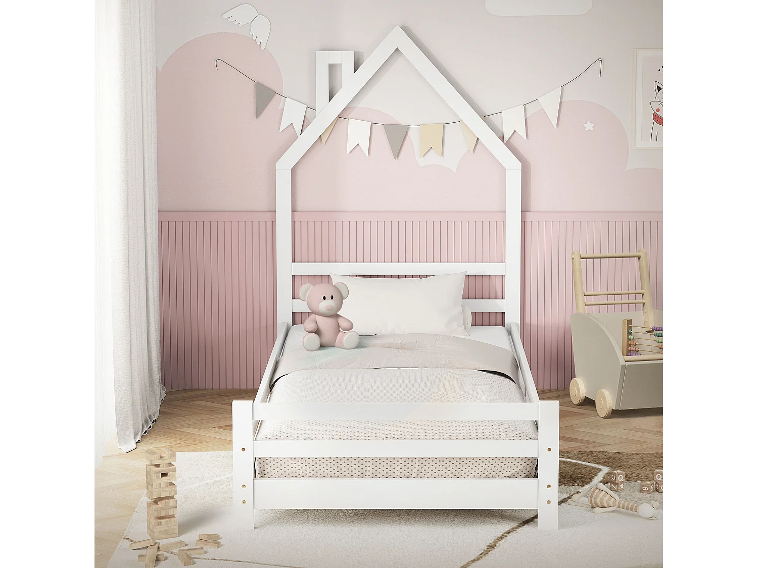ML-Design Letto a casetta montessori 90x200 cm bianco in legno di pino con rete a doghe struttura gioco per cameretta bambini e bambine arredo ragazzi