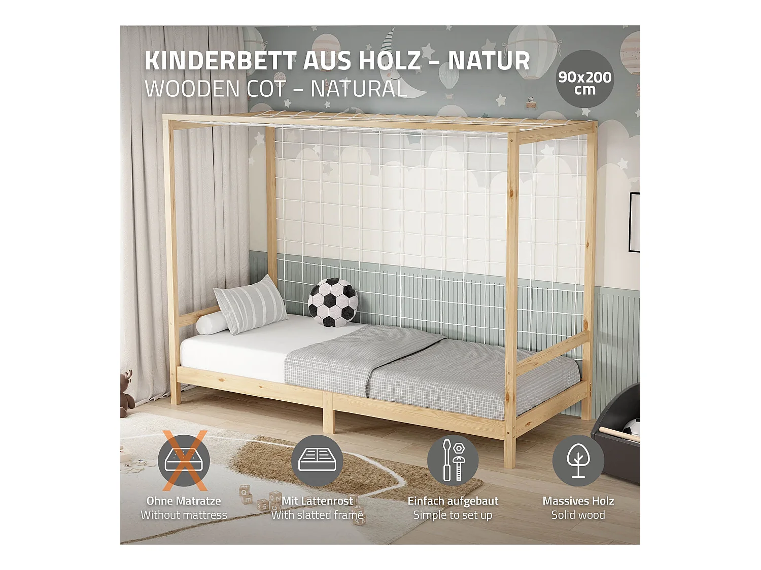 Lit d'enfant but de foot 90x200 cm naturel beige cadre bois de pin massif avec sommier à lattes cage de football et matériel de montage d'adolescent
