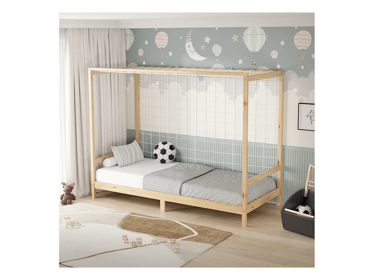 Lit d'enfant but de foot 90x200 cm naturel beige cadre bois de pin massif avec sommier à lattes cage de football et matériel de montage d'adolescent