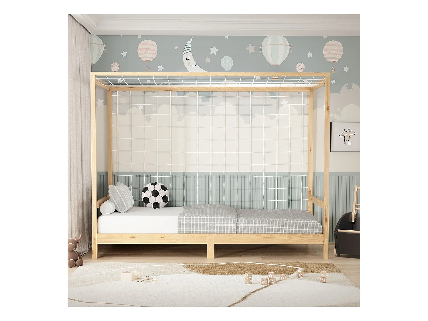 Lit d'enfant but de foot 90x200 cm naturel beige cadre bois de pin massif avec sommier à lattes cage de football et matériel de montage d'adolescent