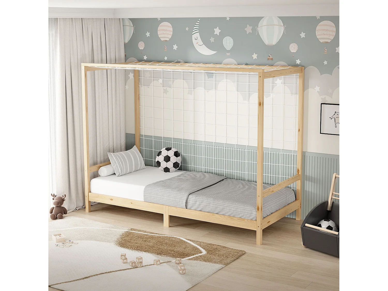 Lit d'enfant but de foot 90x200 cm naturel beige cadre bois de pin massif avec sommier à lattes cage de football et matériel de montage d'adolescent