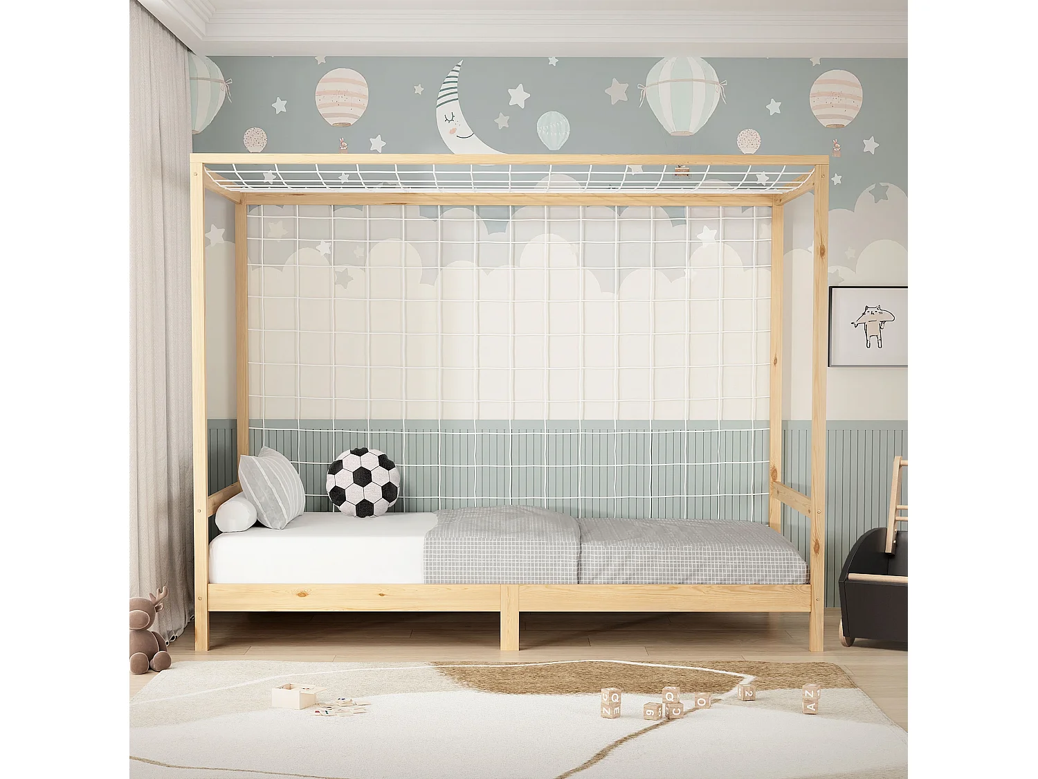 Lit d'enfant but de foot 90x200 cm naturel beige cadre bois de pin massif avec sommier à lattes cage de football et matériel de montage d'adolescent