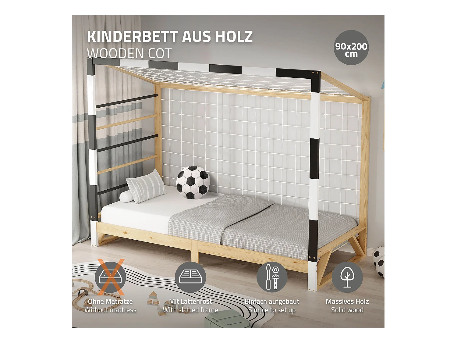 ML-Design Cama infantil 90 x 200 cm con portería de fútbol y escalera para trepar, madera maciza, cuna individual para niño con somier de láminas