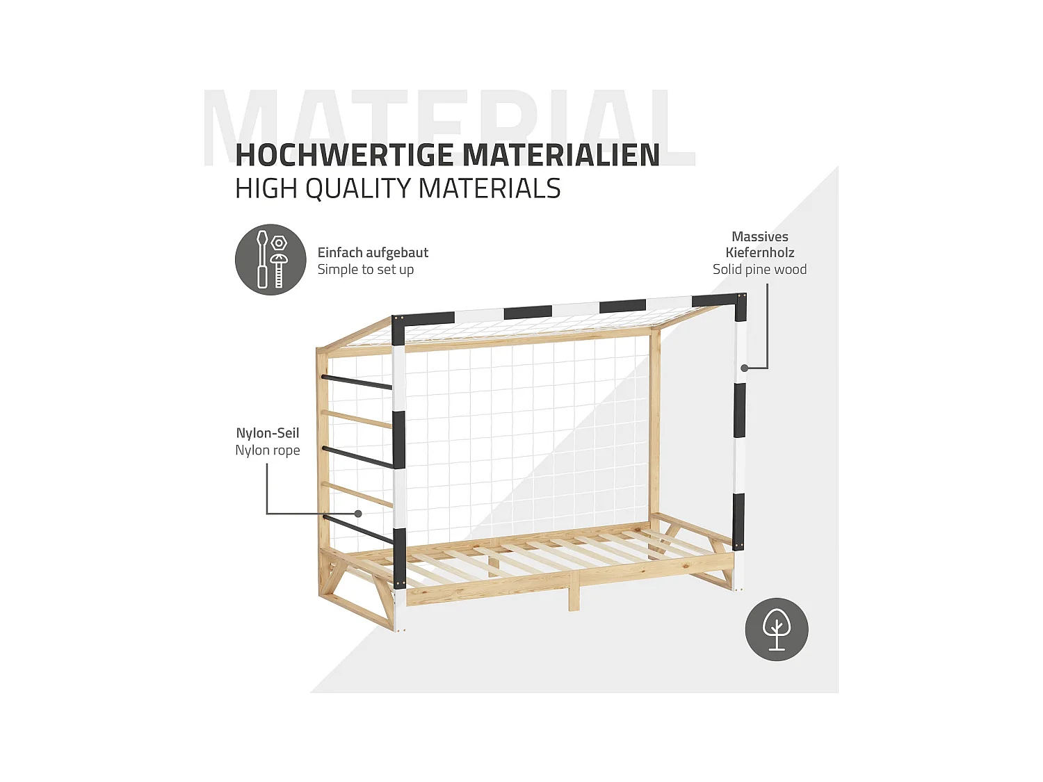 ML-Design Cama infantil 90 x 200 cm con portería de fútbol y escalera para trepar, madera maciza, cuna individual para niño con somier de láminas