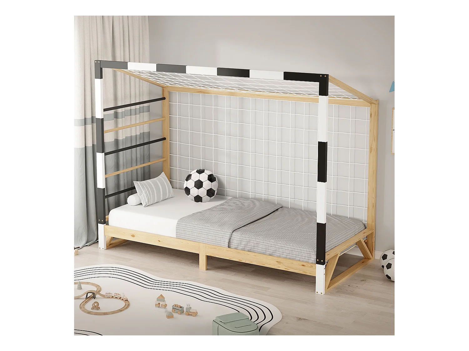 ML-Design Cama infantil 90 x 200 cm con portería de fútbol y escalera para trepar, madera maciza, cuna individual para niño con somier de láminas