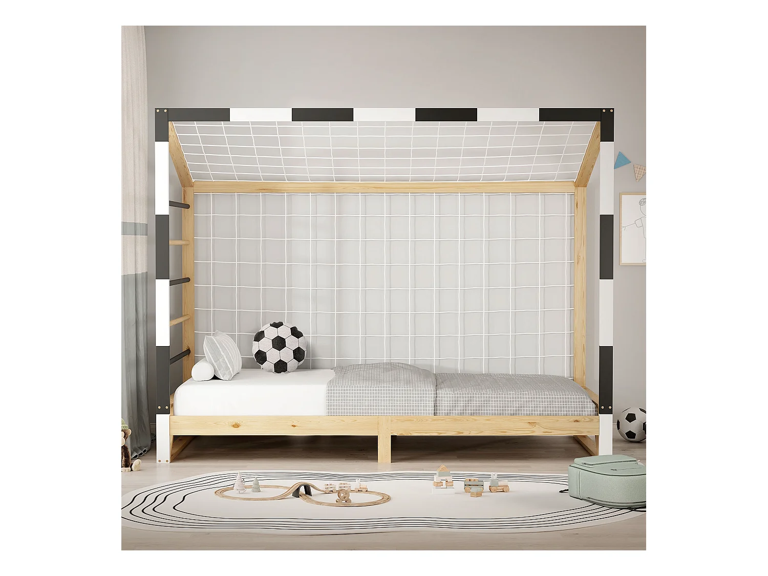 ML-Design Cama infantil 90 x 200 cm con portería de fútbol y escalera para trepar, madera maciza, cuna individual para niño con somier de láminas