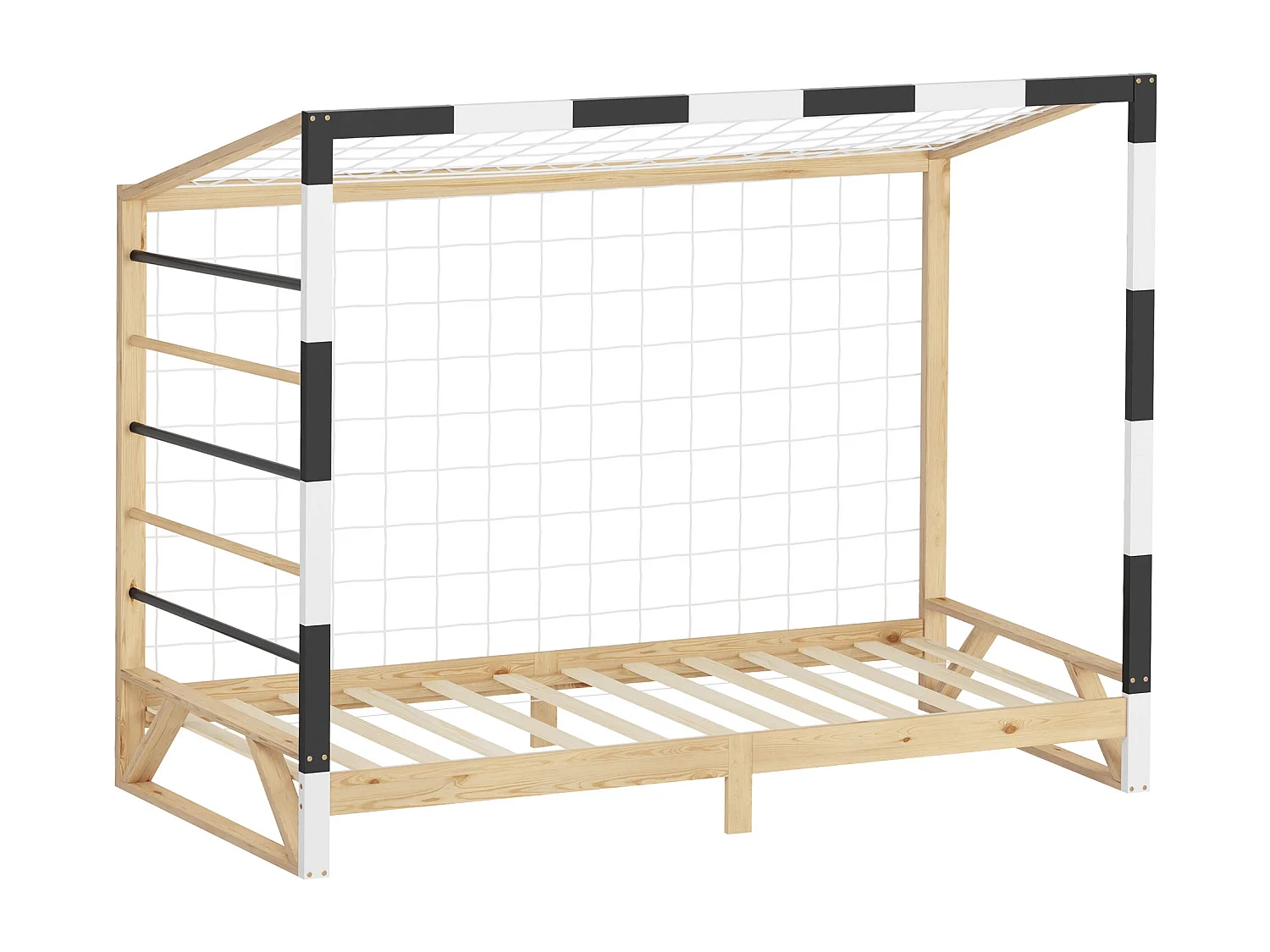 Lit d'enfant but de foot 90x200 cm naturel beige cadre en bois de pin avec sommier à lattes cage de football et matériel de montage pour adolescent