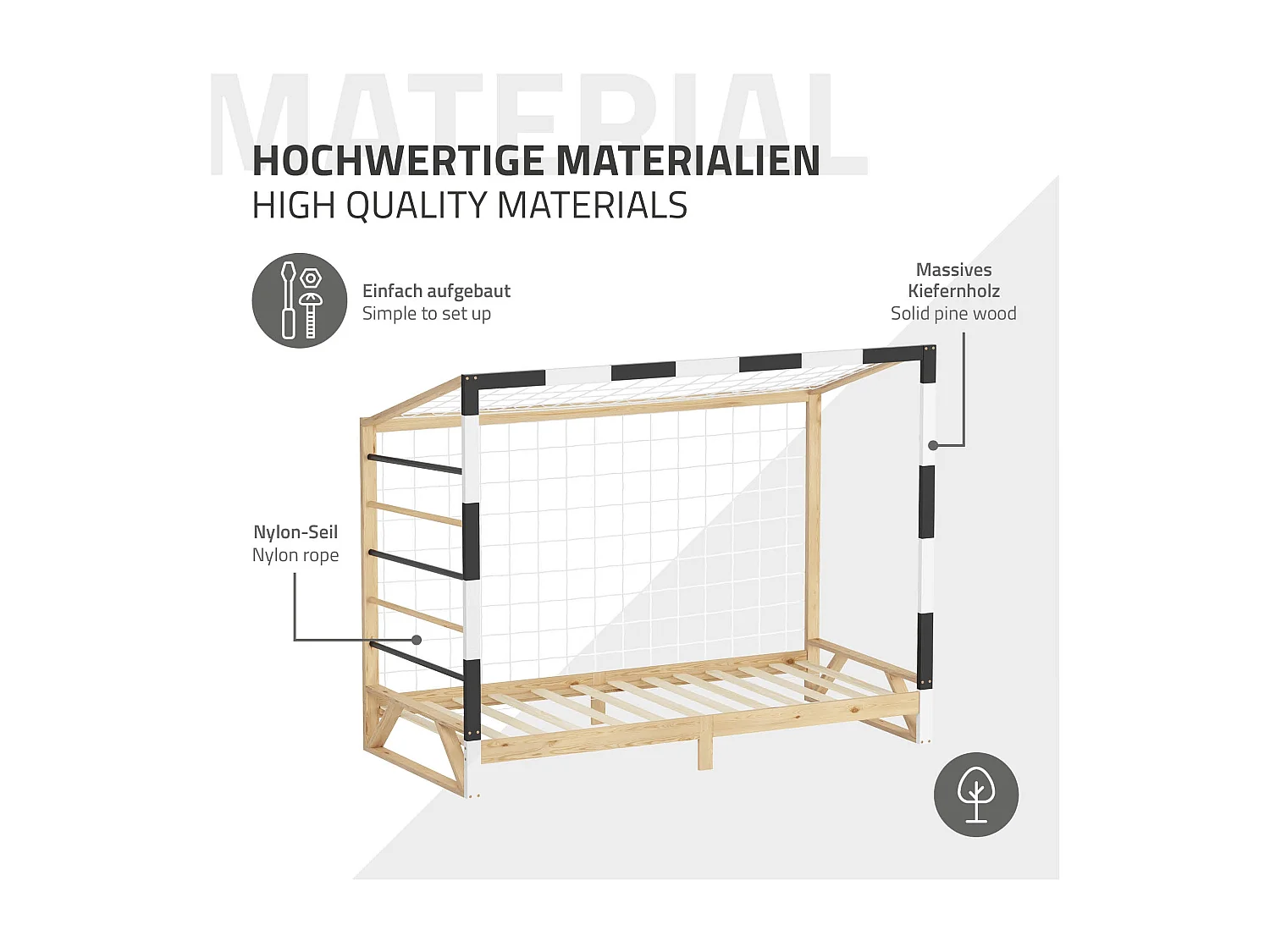 Lit d'enfant but de foot 90x200 cm naturel beige cadre en bois de pin avec sommier à lattes cage de football et matériel de montage pour adolescent