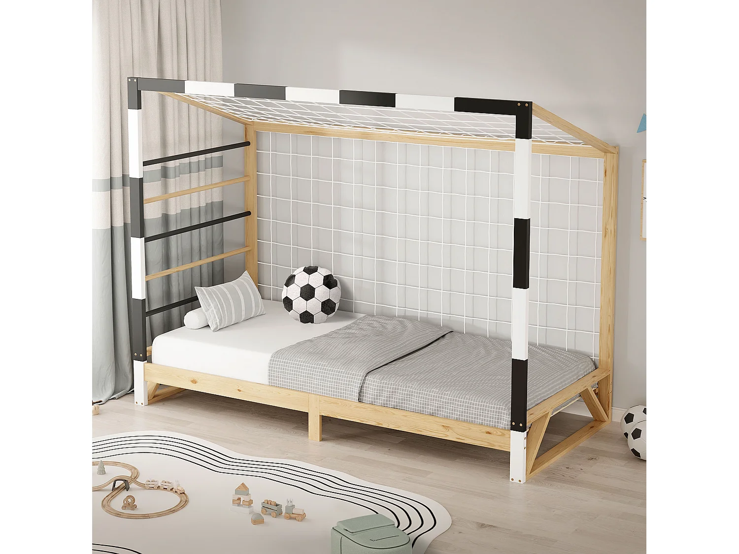 Lit d'enfant but de foot 90x200 cm naturel beige cadre en bois de pin avec sommier à lattes cage de football et matériel de montage pour adolescent