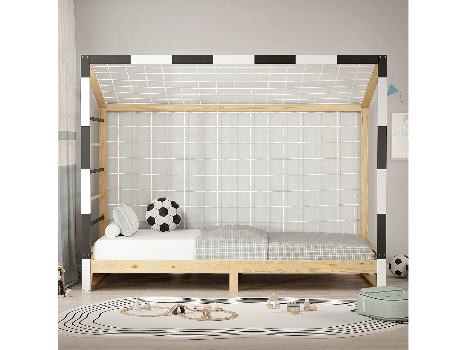 Lit d'enfant but de foot 90x200 cm naturel beige cadre en bois de pin avec sommier à lattes cage de football et matériel de montage pour adolescent