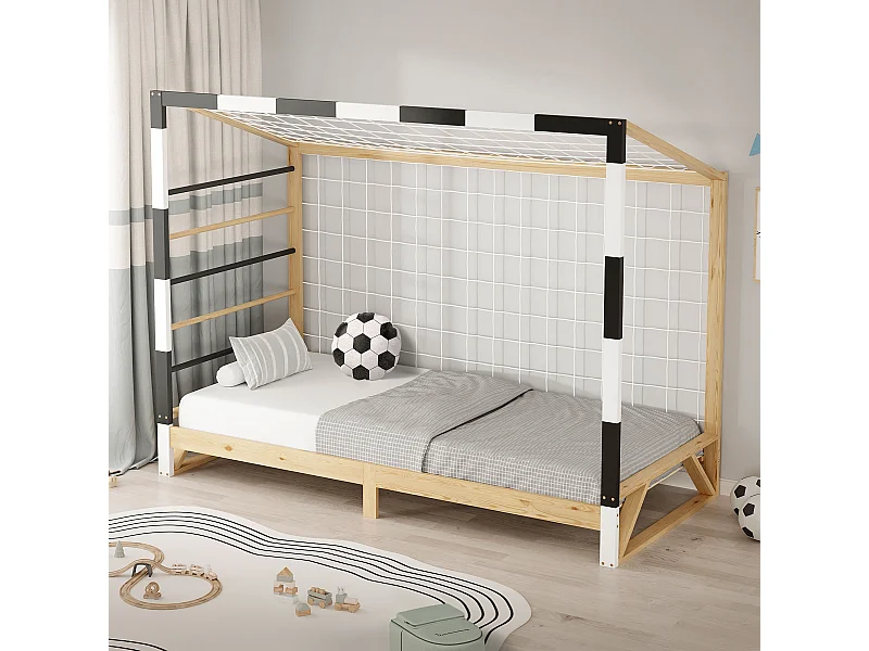 Lit d'enfant but de foot 90x200 cm naturel beige cadre en bois de pin avec sommier à lattes cage de football et matériel de montage pour adolescent