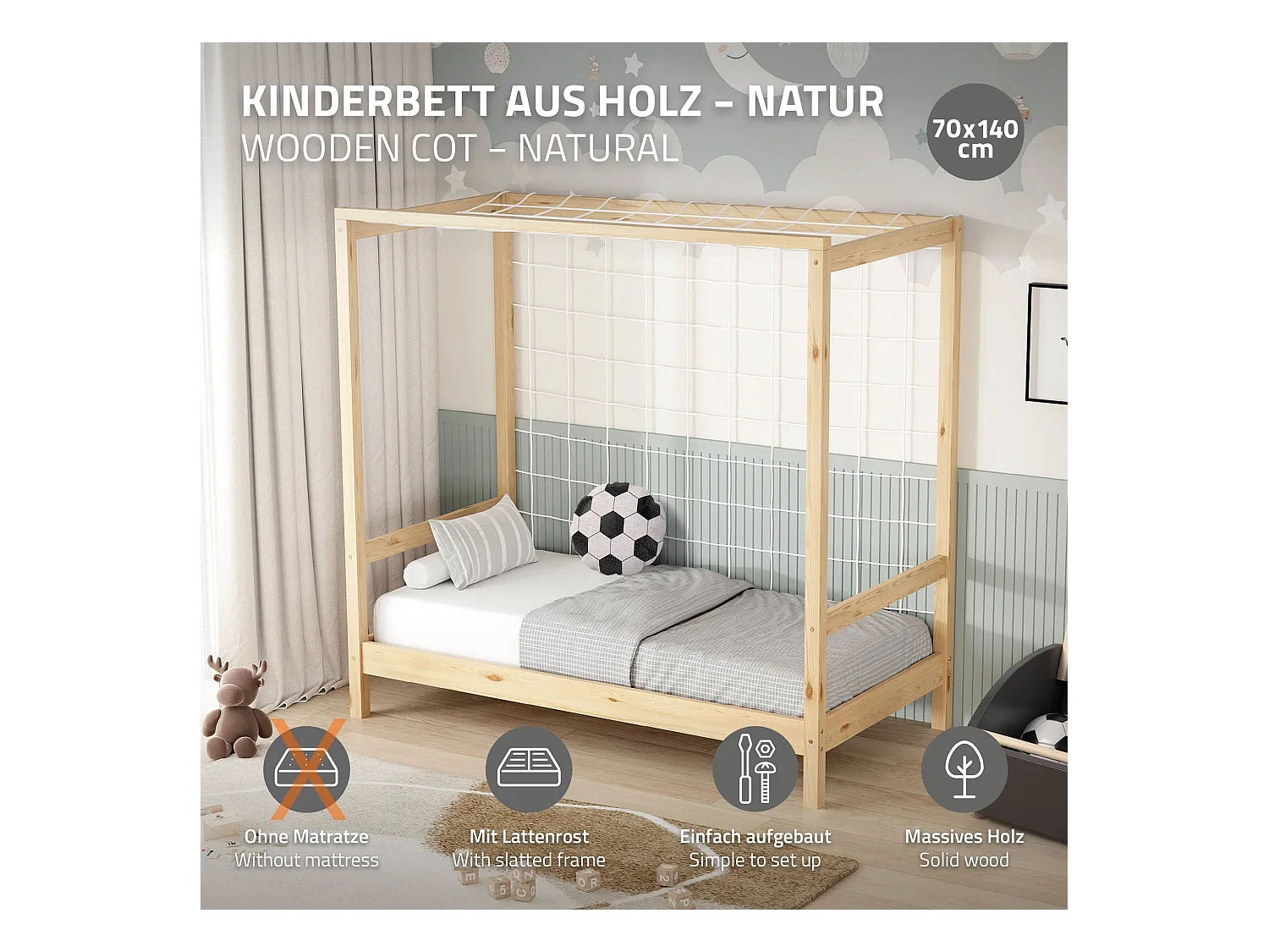 Lit d'enfant but de foot 70x140 cm naturel cadre de lit en bois pin massif avec sommier à lattes cage de football et matériel de montage d'adolescent