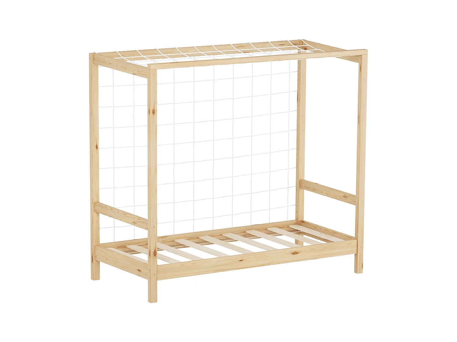 ML-Design Cama infantil con portería de fútbol 70x140 cm de madera maciza de pino color natural, cuna individual para niño con somier de láminas y red