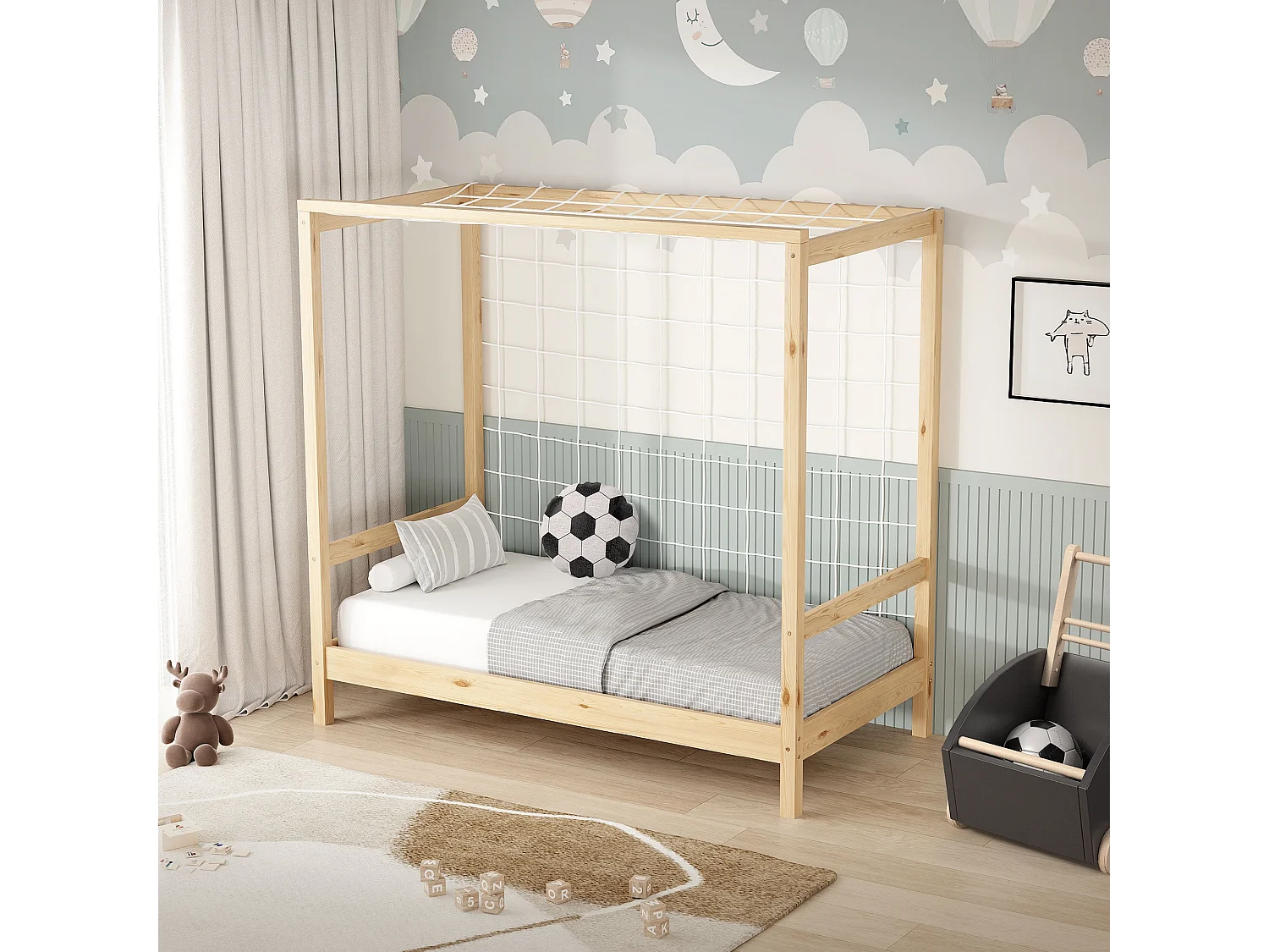 Lit d'enfant but de foot 70x140 cm naturel cadre de lit en bois pin massif avec sommier à lattes cage de football et matériel de montage d'adolescent