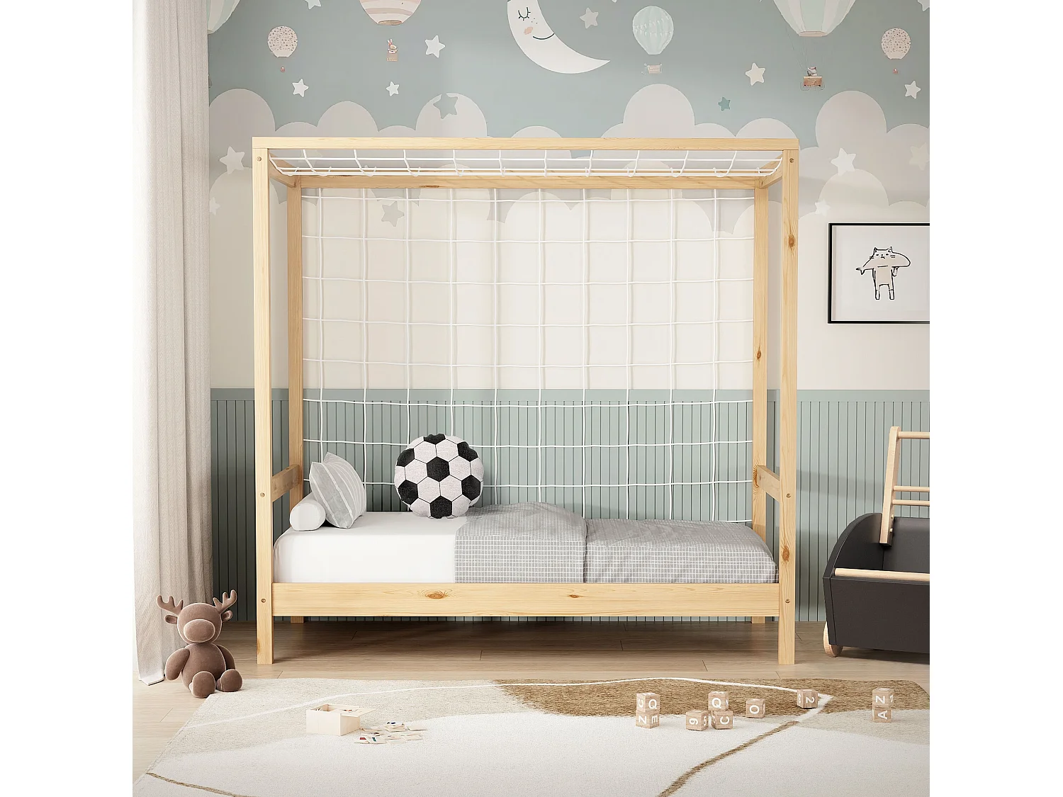 Lit d'enfant but de foot 70x140 cm naturel cadre de lit en bois pin massif avec sommier à lattes cage de football et matériel de montage d'adolescent