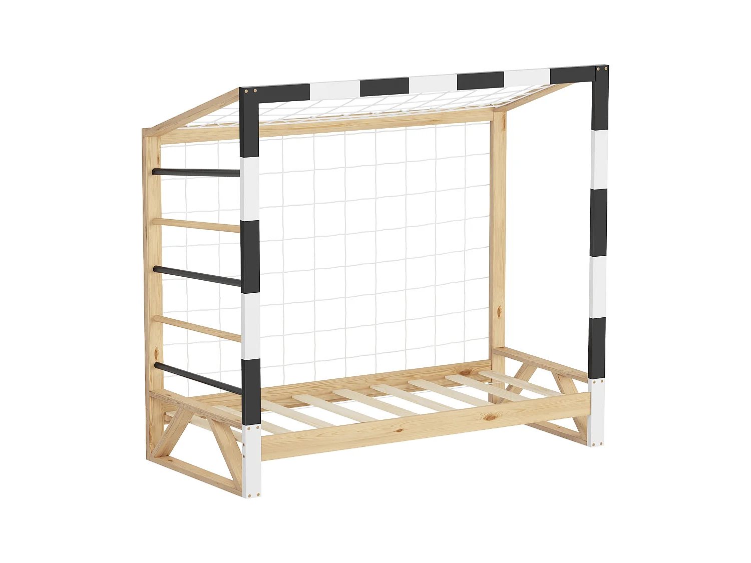 Lit d'enfant but de foot 70x140 cm naturel beige cadre en bois de pin avec sommier à lattes cage de football et matériel de montage pour adolescent